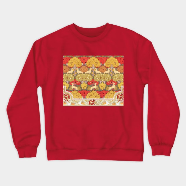 Deer and Trees,Squirrel,Doves and Rowan Red Yellow Art Nouveau Floral Crewneck Sweatshirt by BulganLumini
